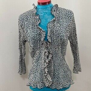 Notations Leopard Print Boho Ruffled Collar Open Front Womens Top Size M